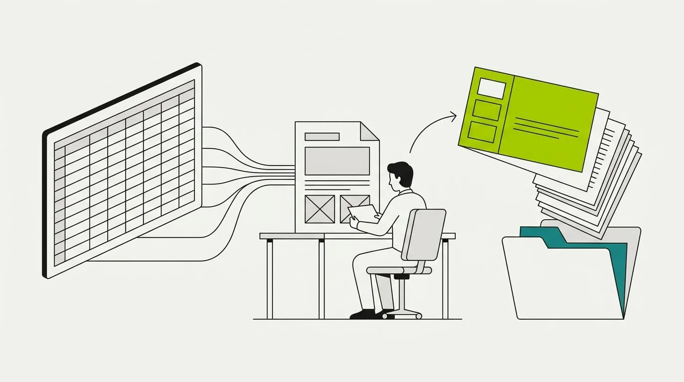 A spreadsheet grid flowing into a document template on a desk, with finished slide decks and pages landing in a folder