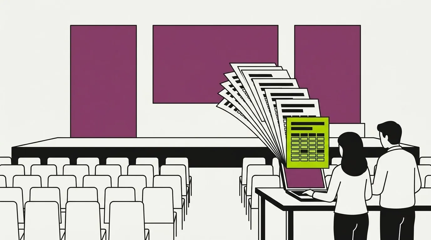 A program team at a laptop in a conference hall, with printed timetable pages fanning out from the screen
