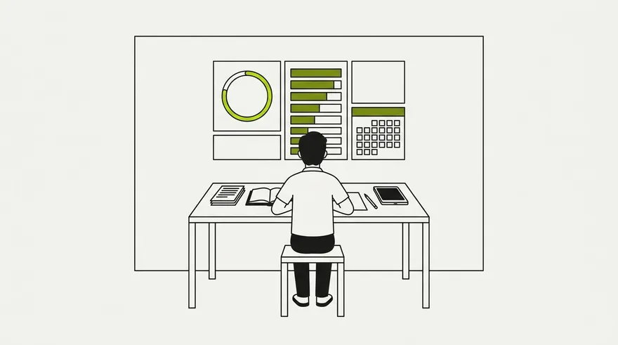A student working through a course against a dashboard of progress, chapters and an exam date
