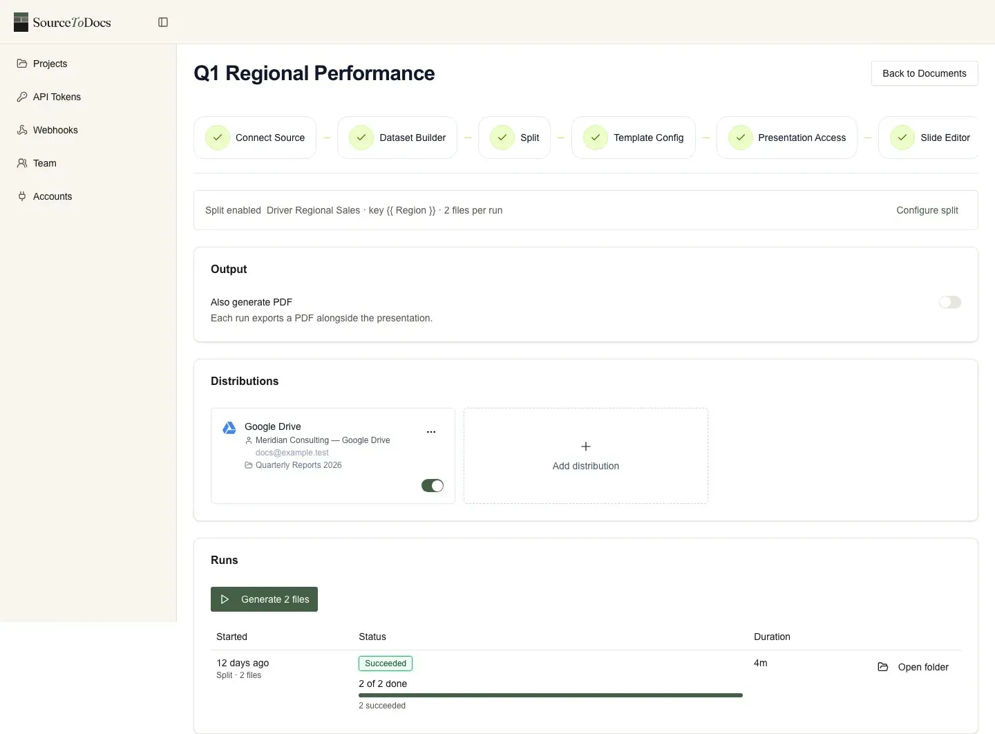 SourceToDocs output and delivery settings, sending each generated file to Google Drive, shown with demo data